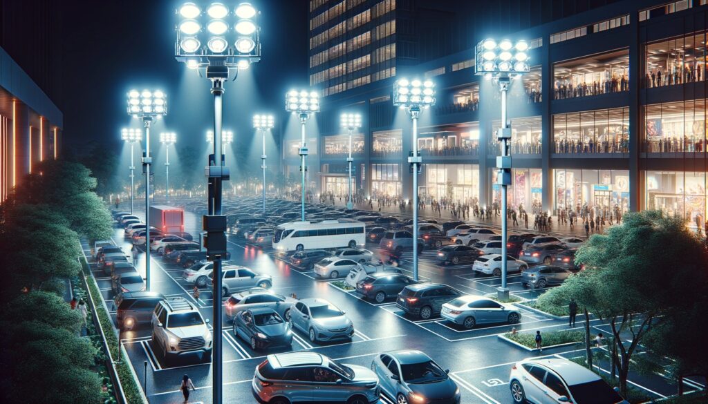 Commercial parking lot illuminated by high-output LED parking lot lights mounted on tall poles, providing uniform nighttime visibility and enhanced security.