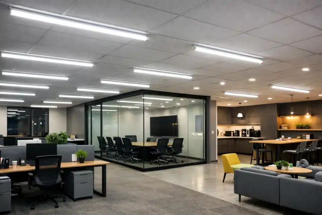 LED troffer lighting installed in healthcare facility corridor ceiling grid providing uniform glare controlled illumination