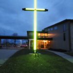 church cross illuminated with commercial LED RGB rope light 