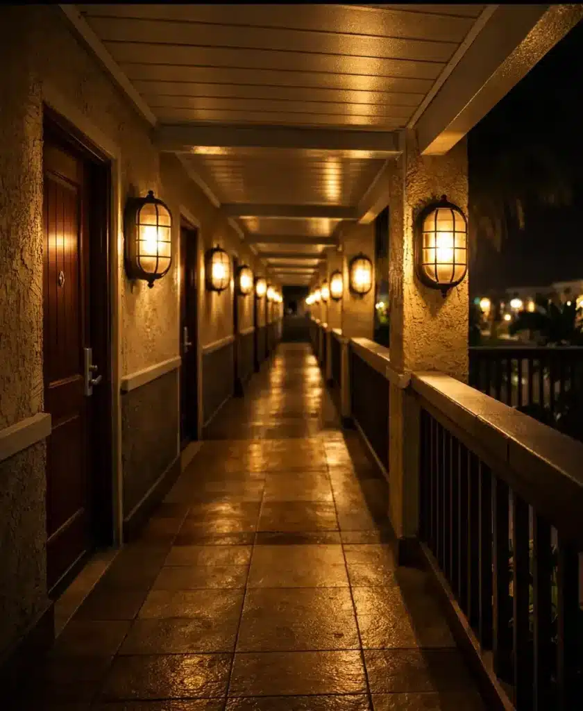 Hotel outdoor corridor illuminated by LED bulkhead light fixtures mounted along the walls, providing durable, weather-resistant lighting for safe nighttime access.