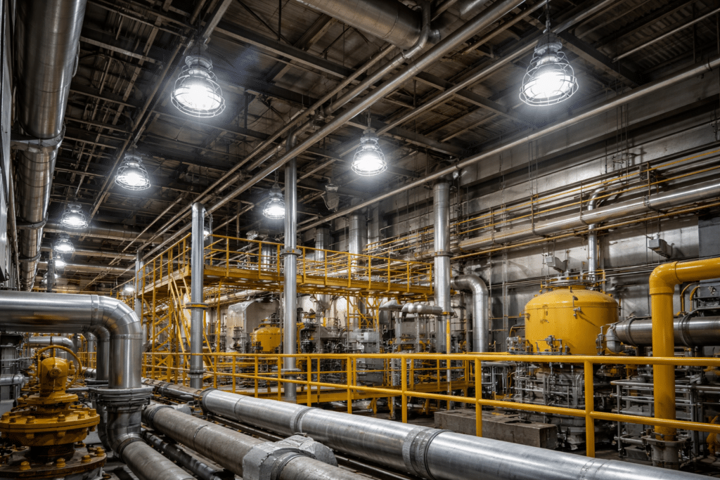 LED explosion-proof high bay lighting installed in refinery processing area.
