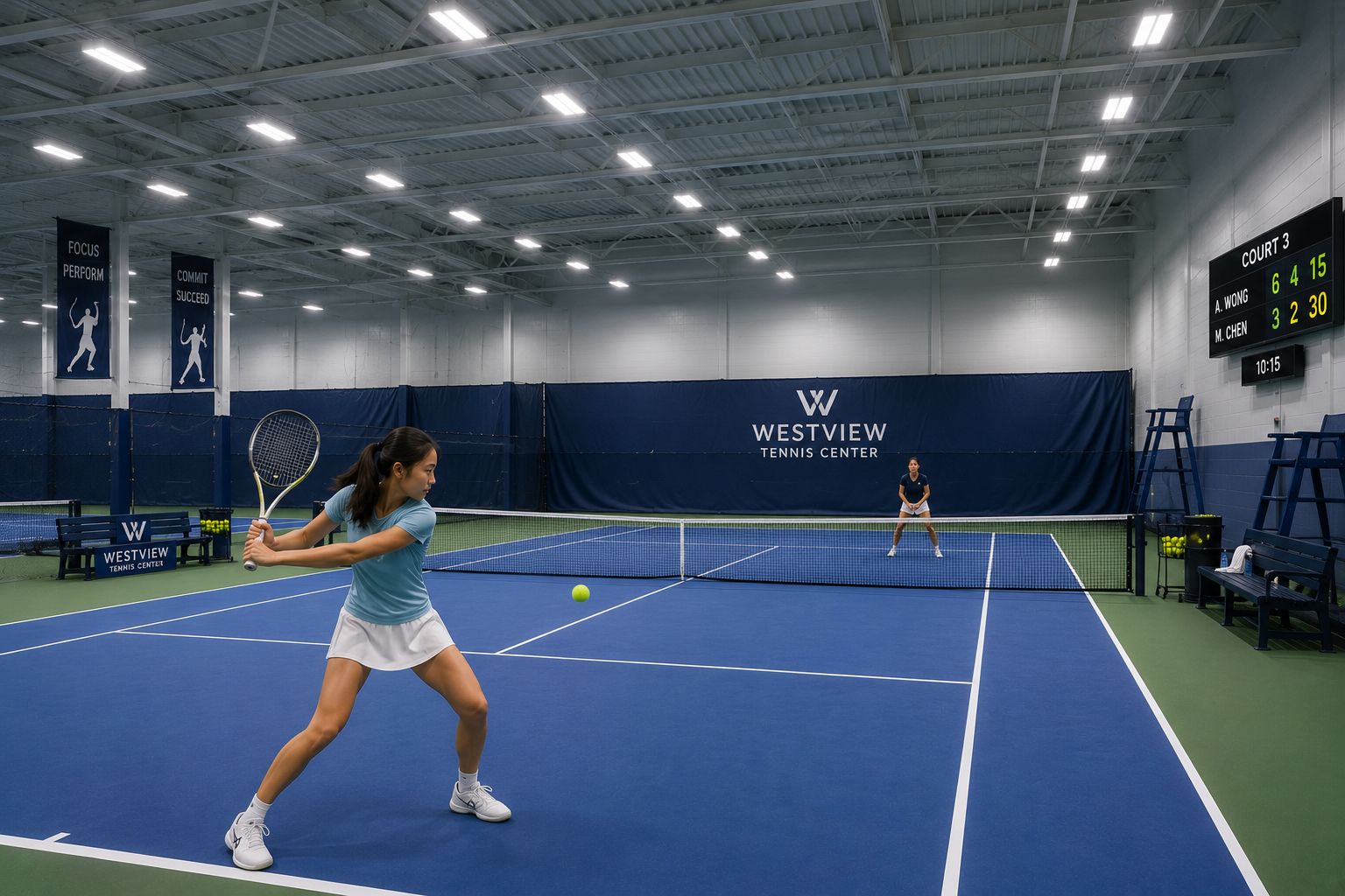 Modern indoor tennis facility illuminated with commercial LED tennis court lighting providing uniform illumination, excellent ball visibility, low glare, and energy-efficient lighting for competitive play.