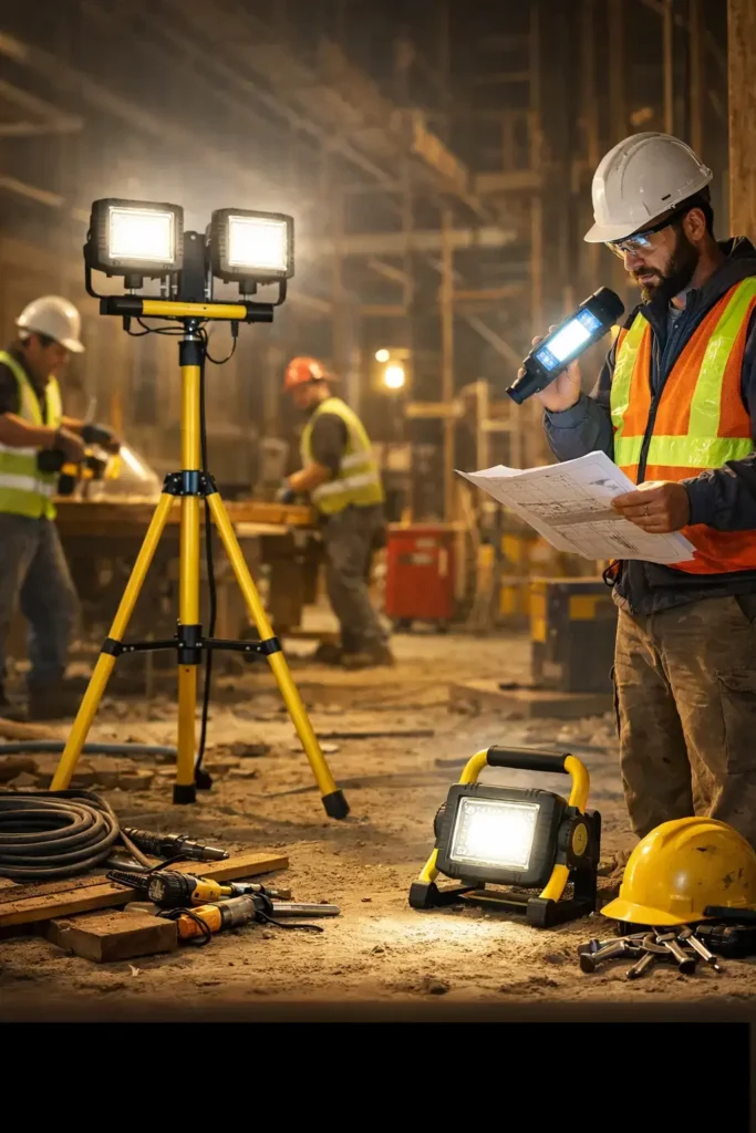 Industrial LED portable work lights illuminating a construction site with tripod-mounted and handheld fixtures in active job site environment