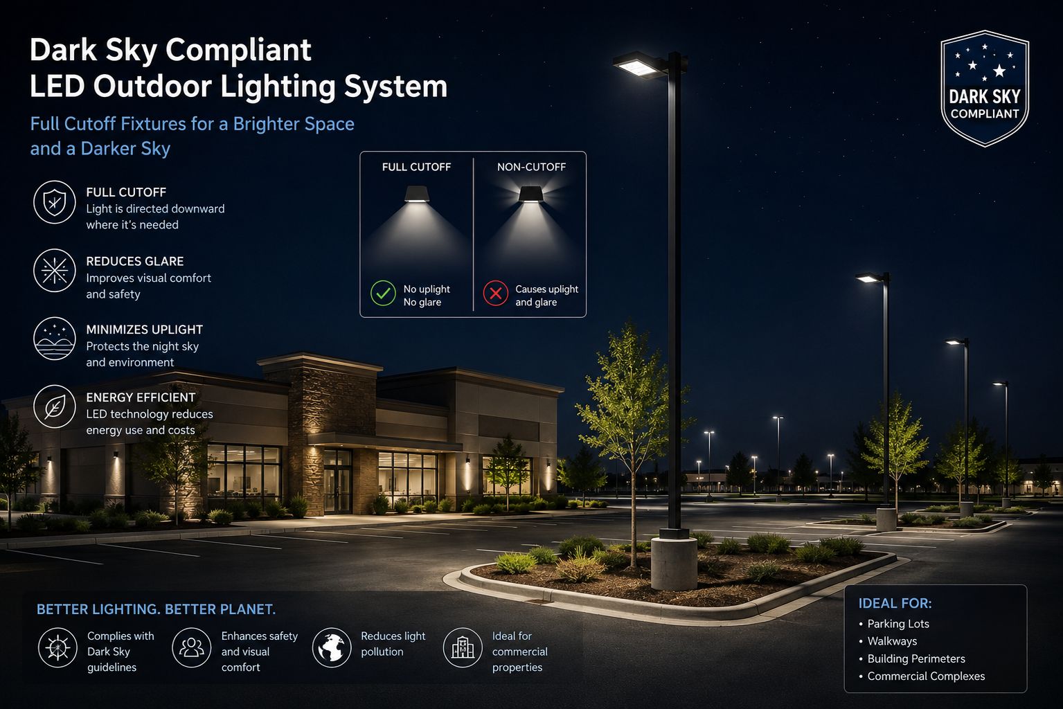 Learn how dark sky friendly lighting reduces glare, uplight, light trespass, and energy waste for commercial parking lots, outdoor sites, pathways, and security lighting.