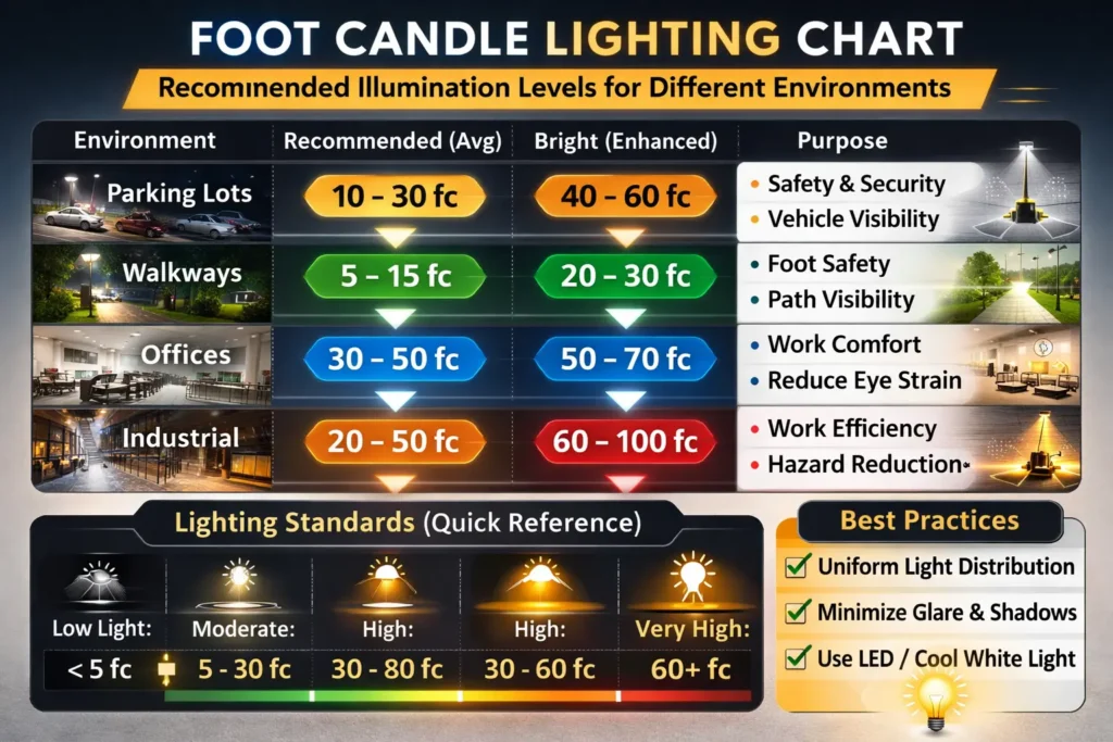 Foot candle lighting chart showing recommended illumination levels for parking lots walkways offices and industrial environments