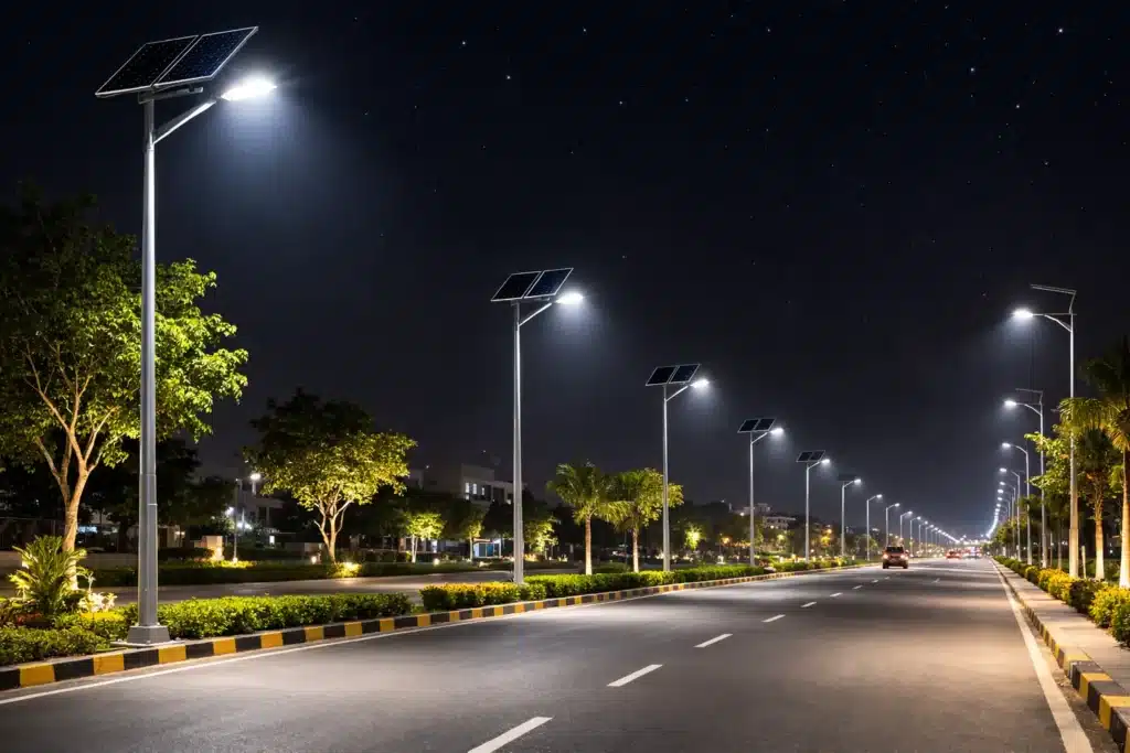 solar street lights illuminating municipal roadway at night