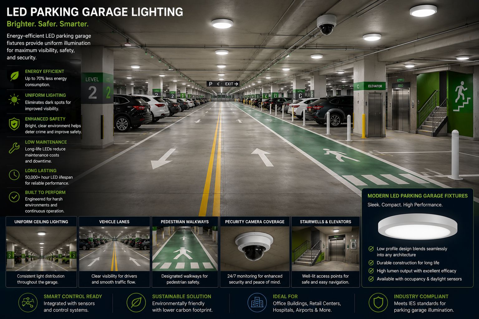 Learn how commercial LED parking garage lighting improves customer safety, comfort, security, wayfinding, surveillance, and property value while reducing operating costs and maintenance.