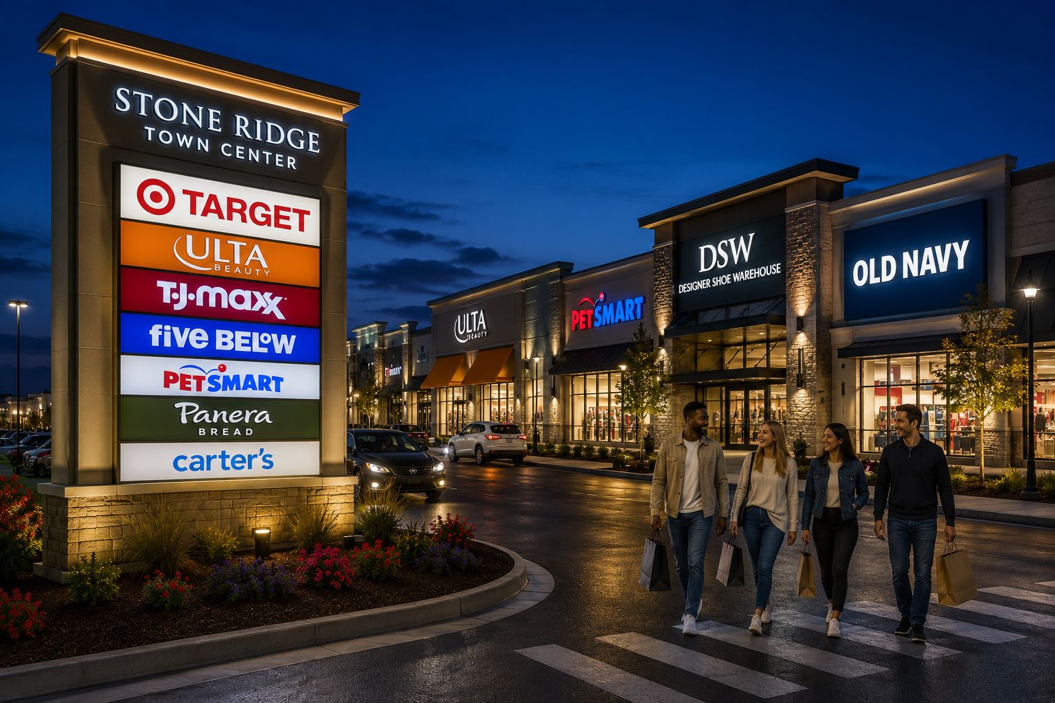 Modern retail shopping center with brightly illuminated LED storefront signs, monument signage, and building identification attracting customers after dark.