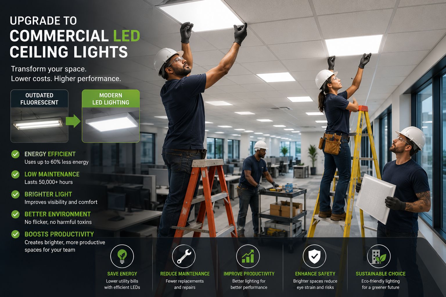 Modern commercial office featuring LED ceiling lights, flat panel fixtures, and suspended ceiling lighting providing bright, energy-efficient illumination throughout workspaces.