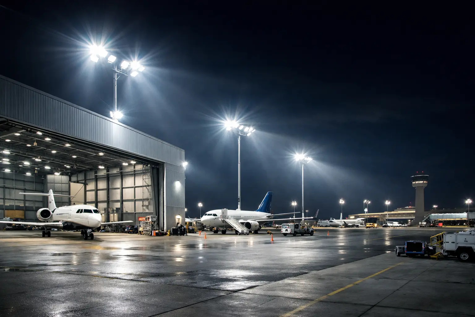 LED aircraft hangar lighting illuminating a large aviation maintenance facility with high bay fixtures