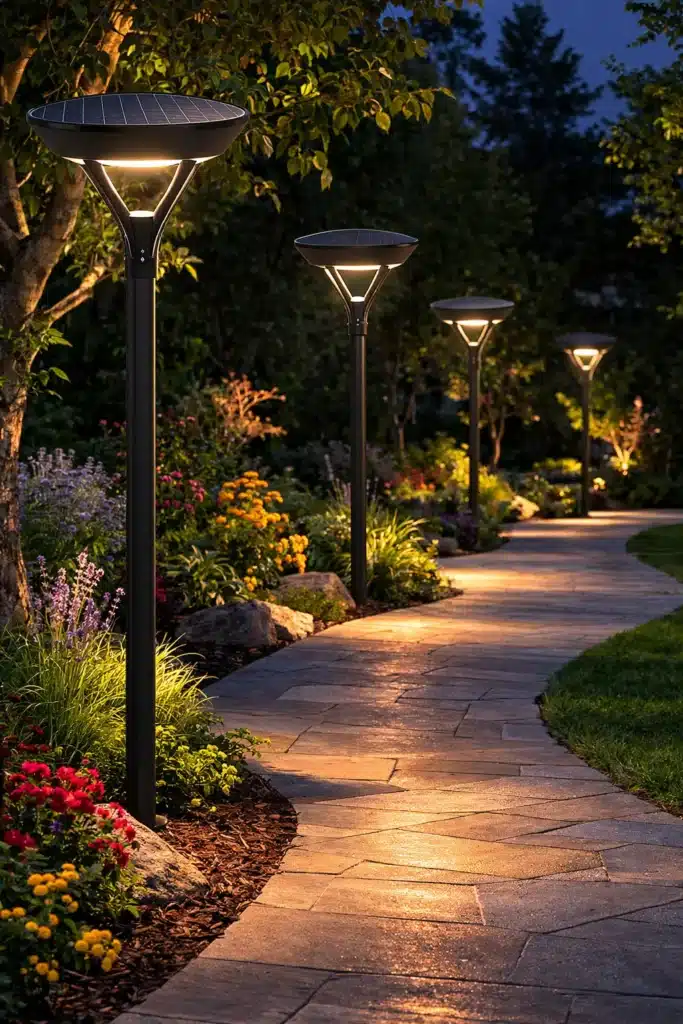 solar garden lights illuminating landscaped pathway at night