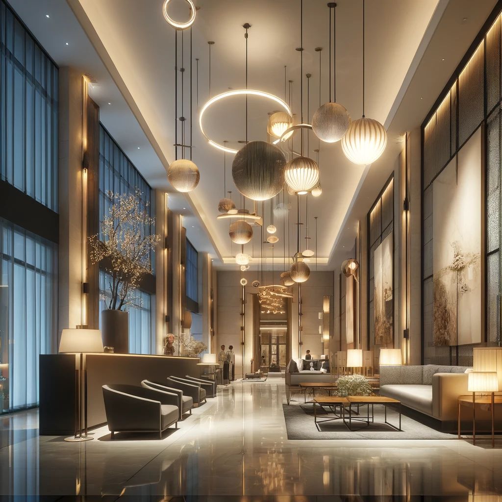 Modern office lobby illuminated with LED architectural recessed lighting highlighting ceiling design and reception area.