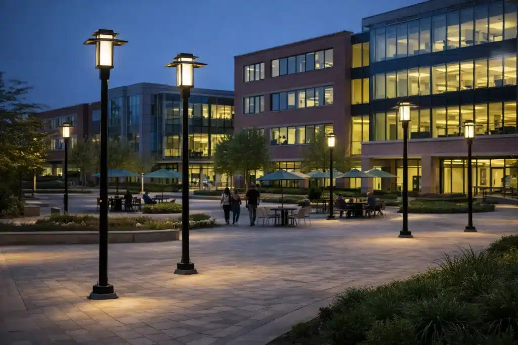 Janus architectural LED post top lighting illuminating outdoor plaza area.