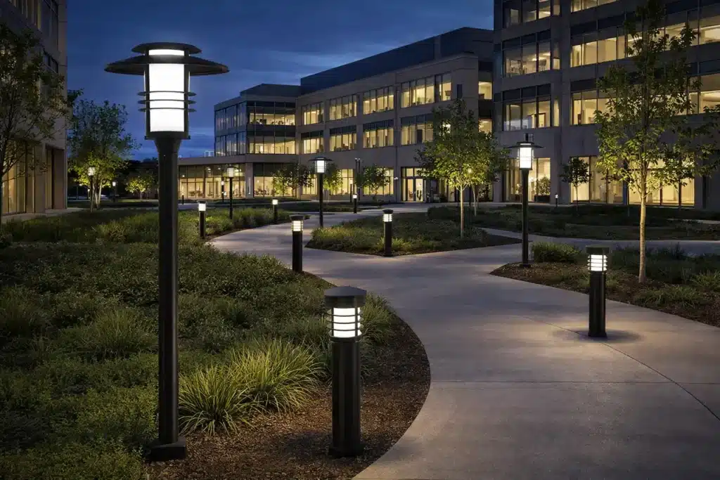 Odin architectural LED lighting collection installed across commercial campus with matching post top lights and bollards.