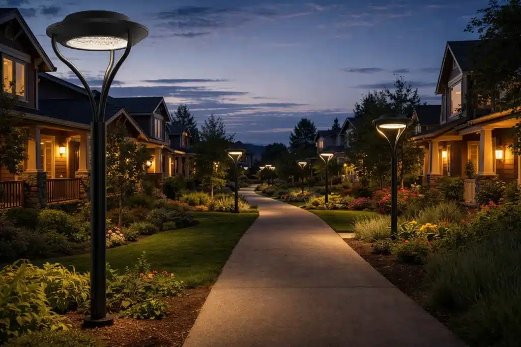 5001 architectural LED lighting installed along landscaped residential community pathway