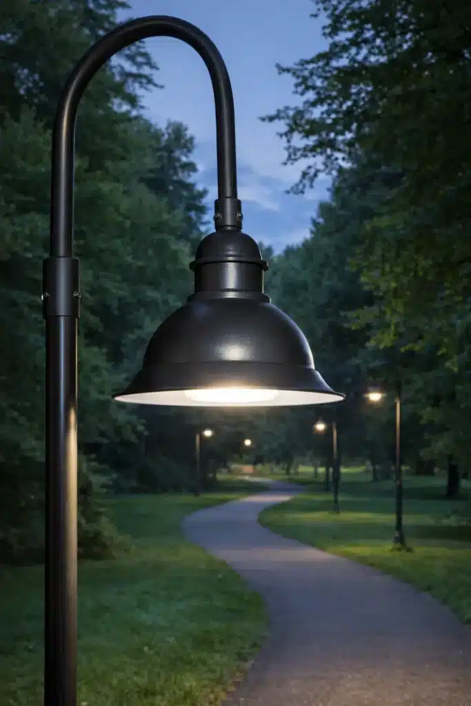 Bell style architectural LED lighting illuminating public park pedestrian pathway