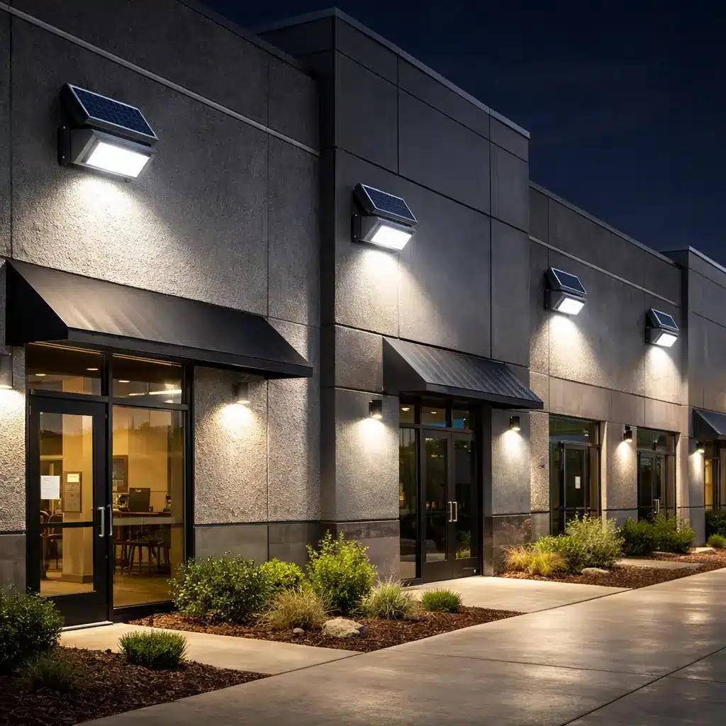 solar wall pack light illuminating commercial building exterior