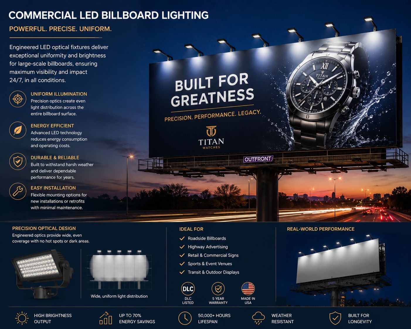 Commercial LED billboard lighting providing uniform illumination across a large roadside advertising billboard using precision optical fixtures.