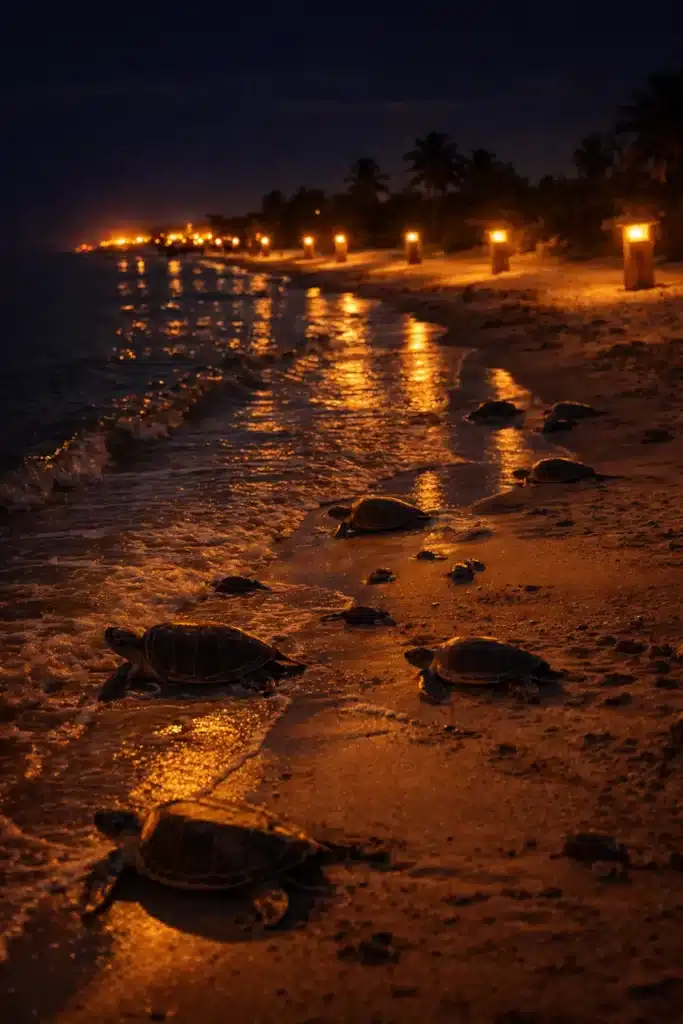 Amber LED turtle-friendly lighting installed along coastal beach walkway protecting sea turtle nesting habitat.
