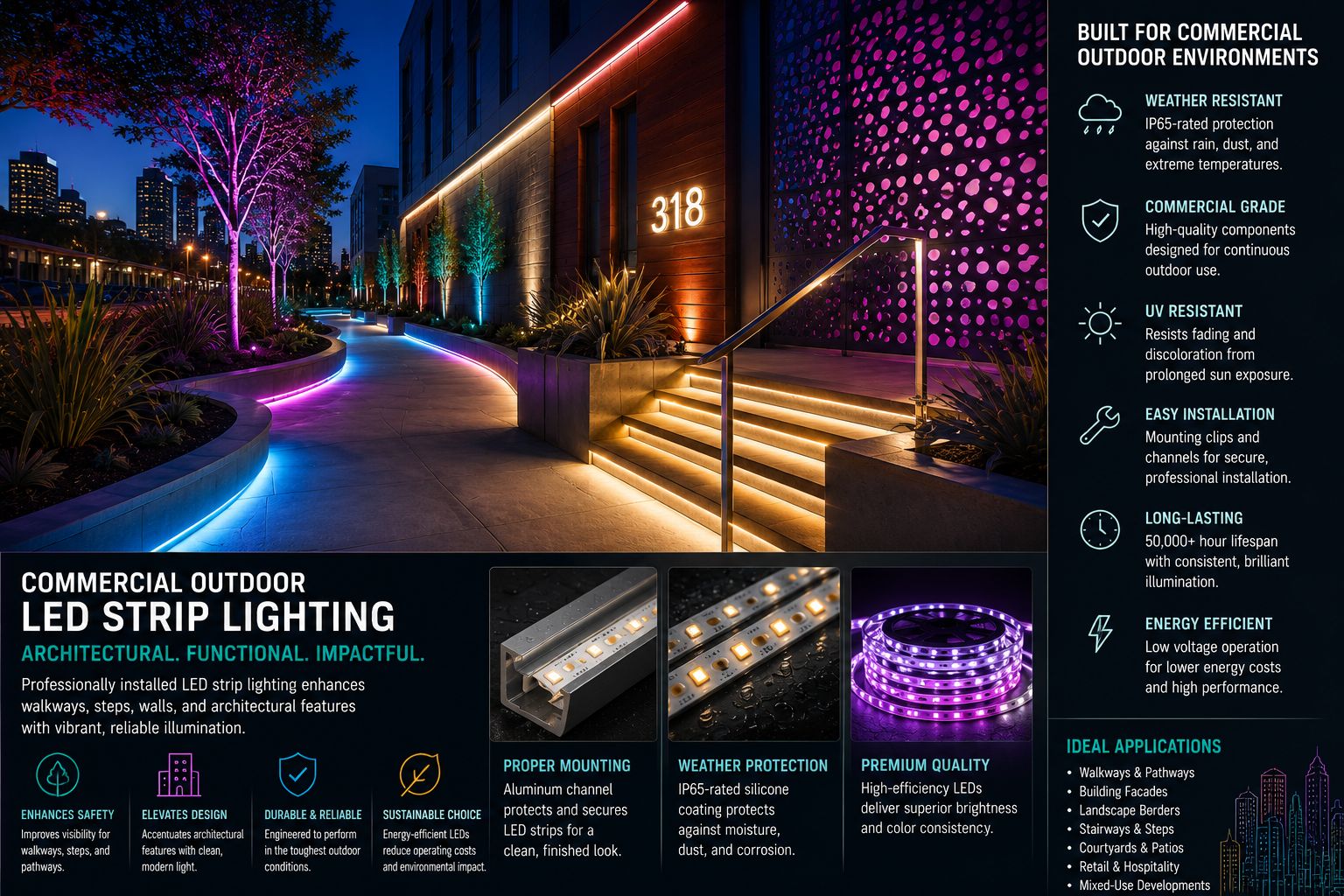 Commercial outdoor LED strip lighting installed along a landscaped walkway demonstrating proper mounting, weather protection, and architectural illumination.
