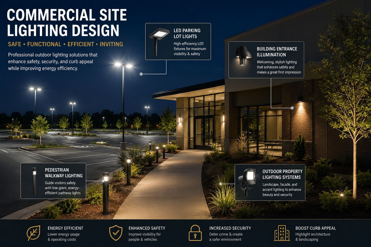 Discover how commercial building exterior lighting enhances curb appeal, improves safety, attracts customers, and increases property value. Learn how LED parking lot lights, façade lighting, bollards, landscape lighting, and architectural fixtures create an attractive and secure commercial environment.