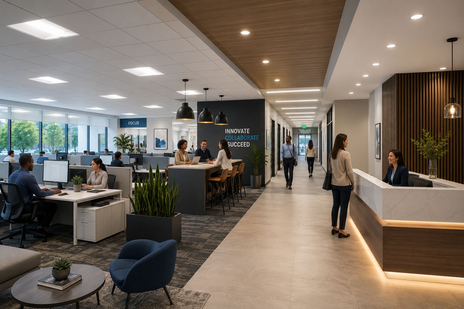 Commercial indoor LED lighting fixtures including troffers, recessed downlights, architectural lighting, ceiling lights, and linear strip lighting installed throughout a modern office building.