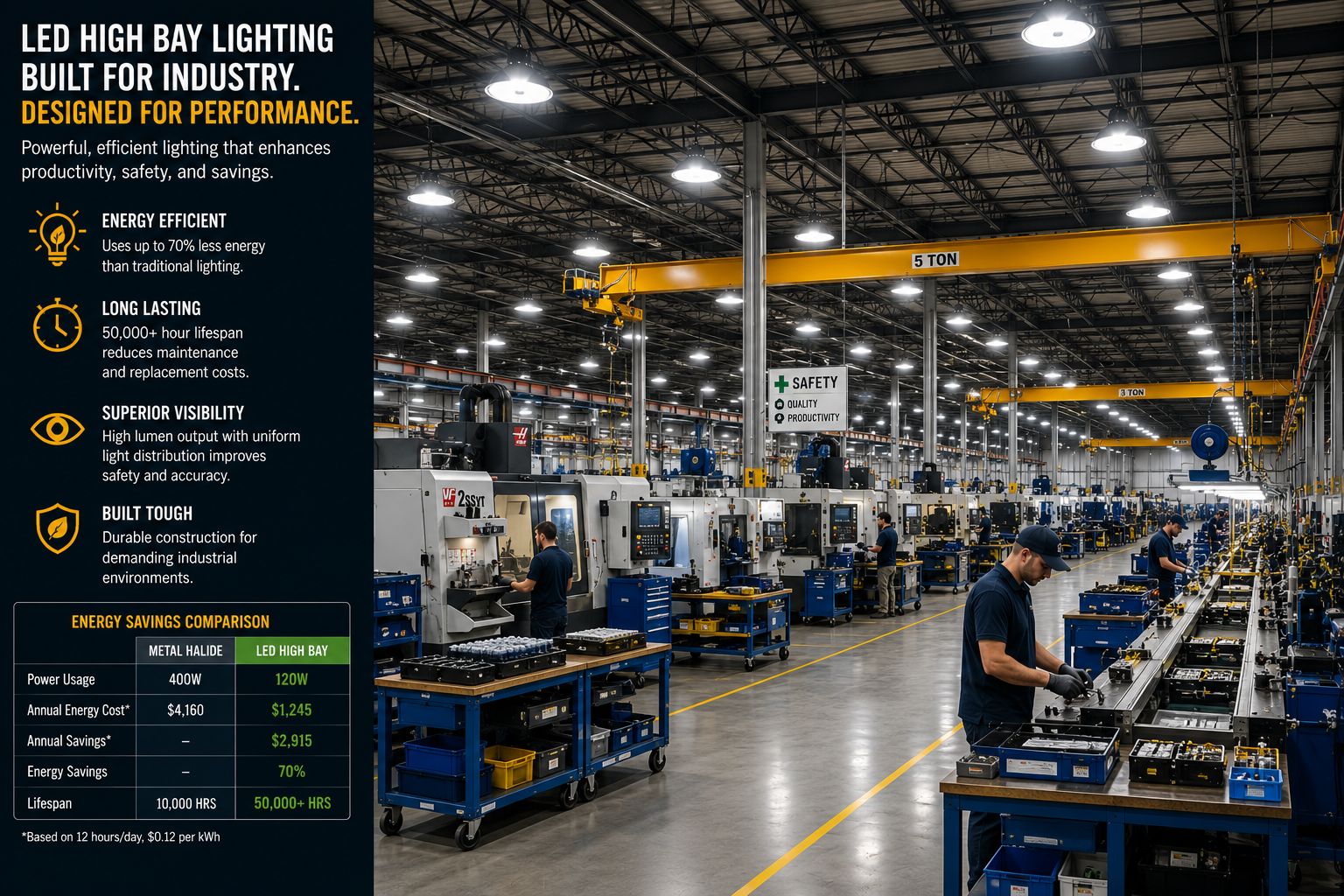 LED high bay lighting installed throughout a modern manufacturing facility with production equipment, assembly lines, overhead cranes, and industrial workstations.