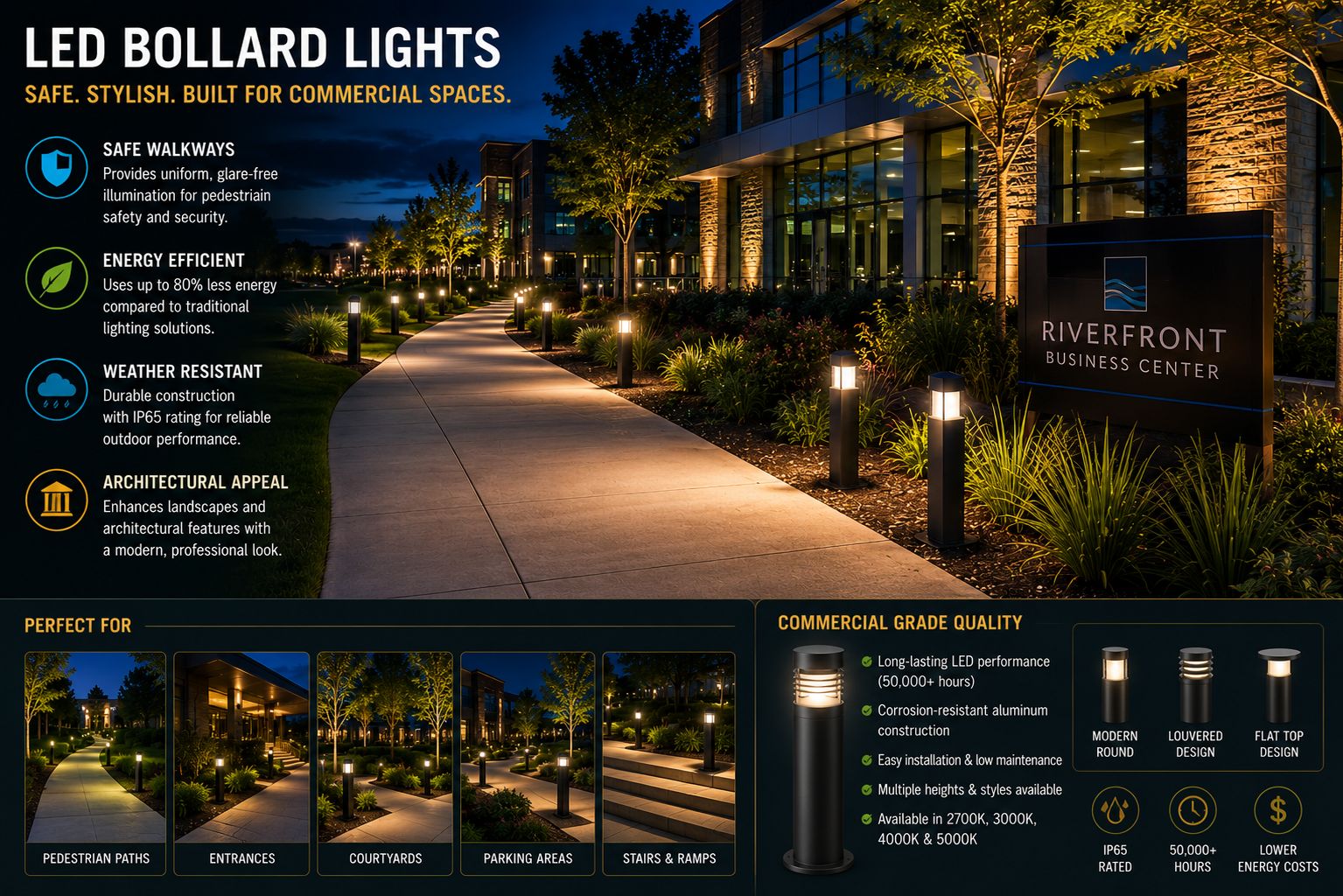 Commercial LED bollard lights installed along an outdoor pedestrian pathway providing safe walkway illumination and architectural landscape lighting.