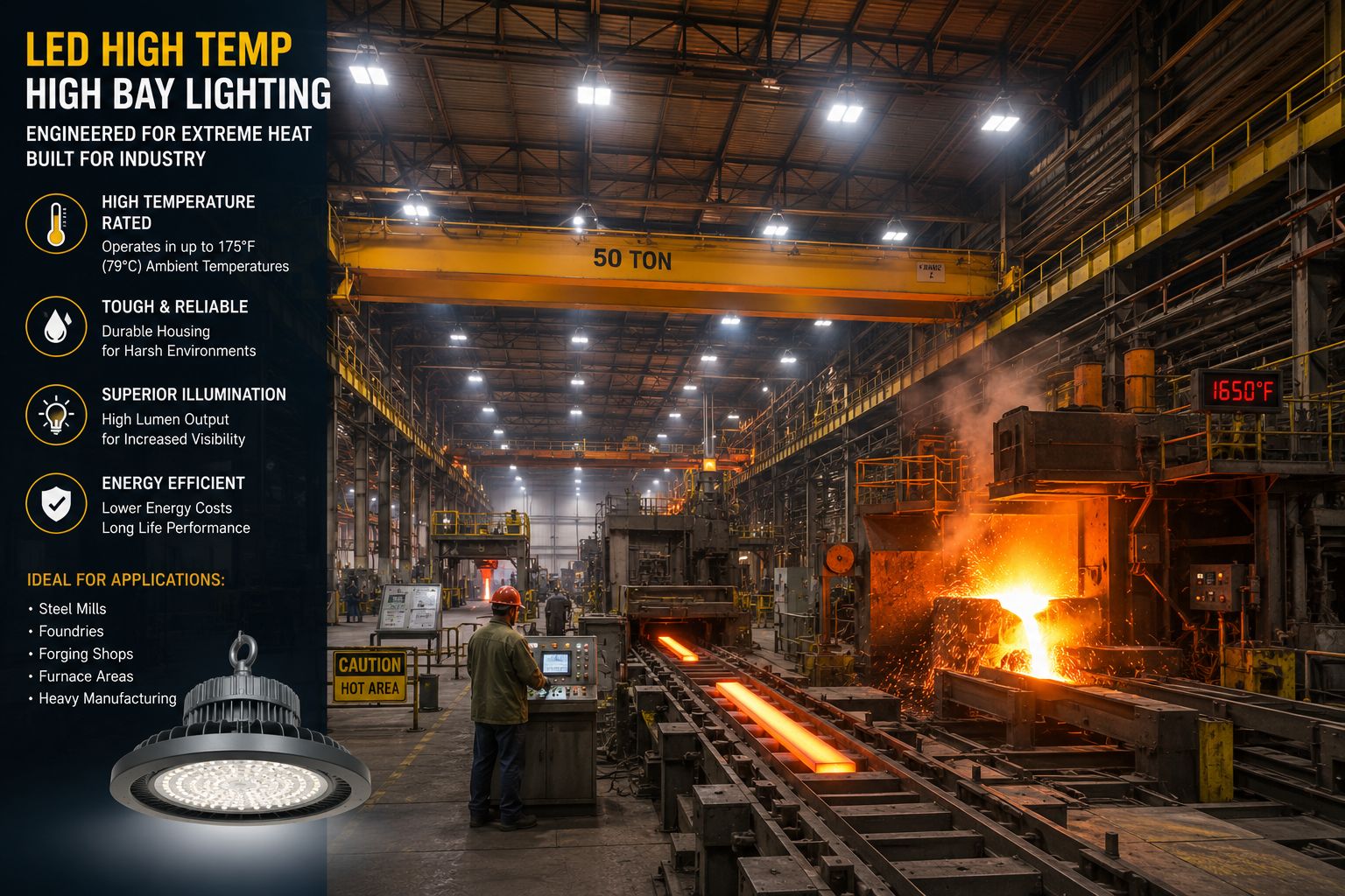 Uncover High Temp High Bay lighting applications for foundries, steel mills, manufacturing plants, industrial processing facilities, boiler rooms, and high-heat commercial environments.