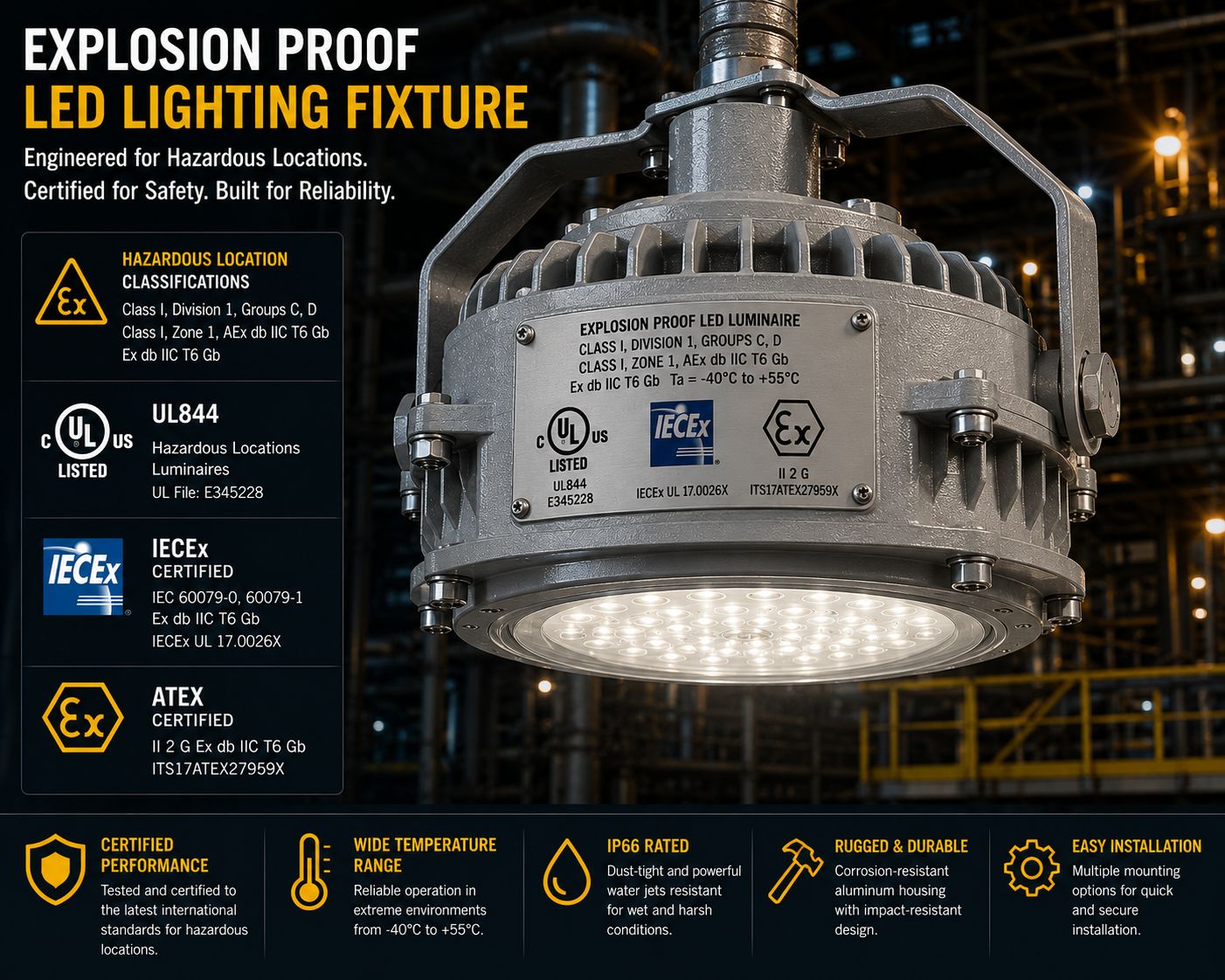 Are LED lights explosion proof? Learn why standard LED fixtures are not automatically explosion proof, how hazardous location certifications work, and how to identify compliant LED lighting.