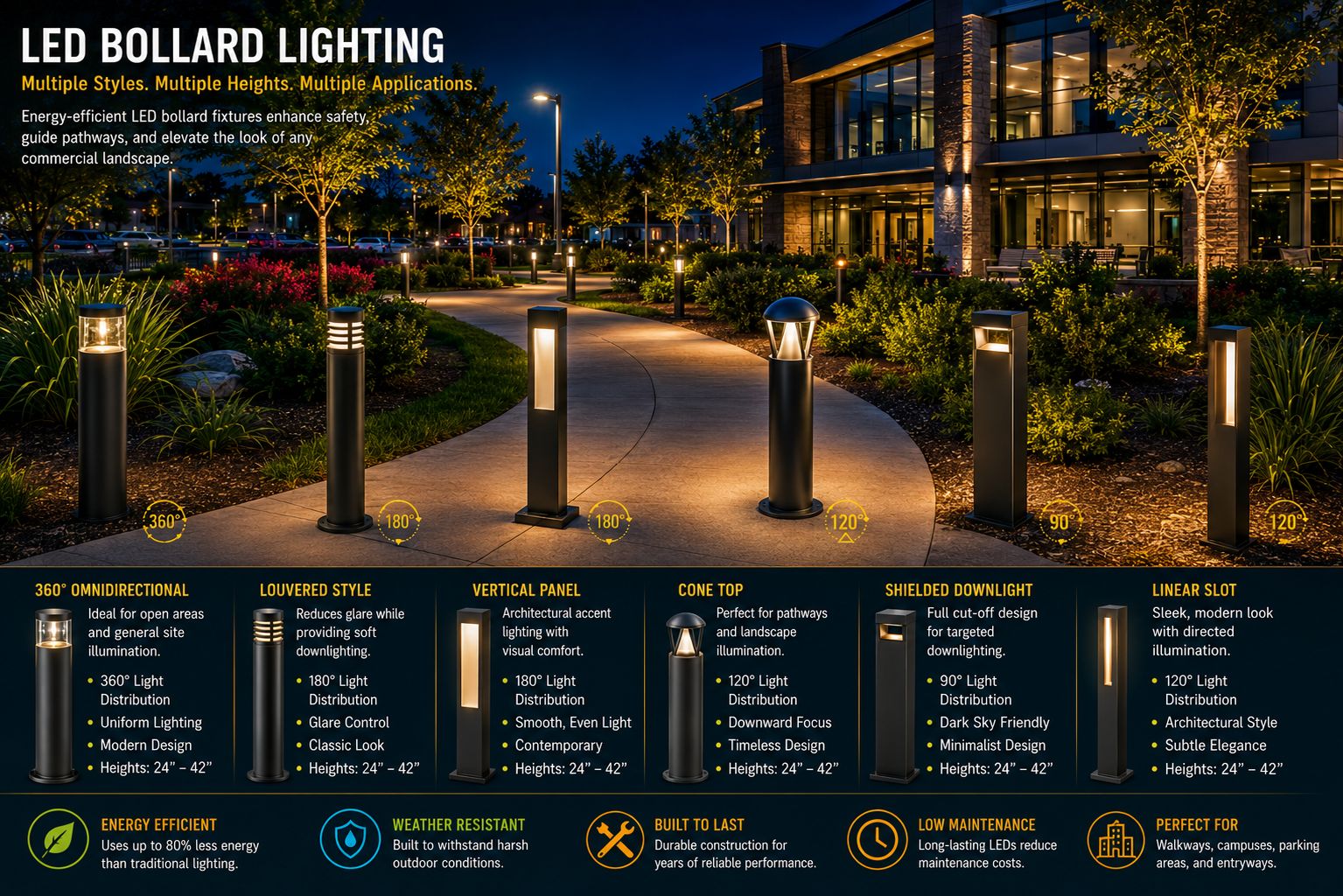Various LED bollard lighting fixtures installed along commercial pathways demonstrating different fixture styles, heights, and optical distributions.