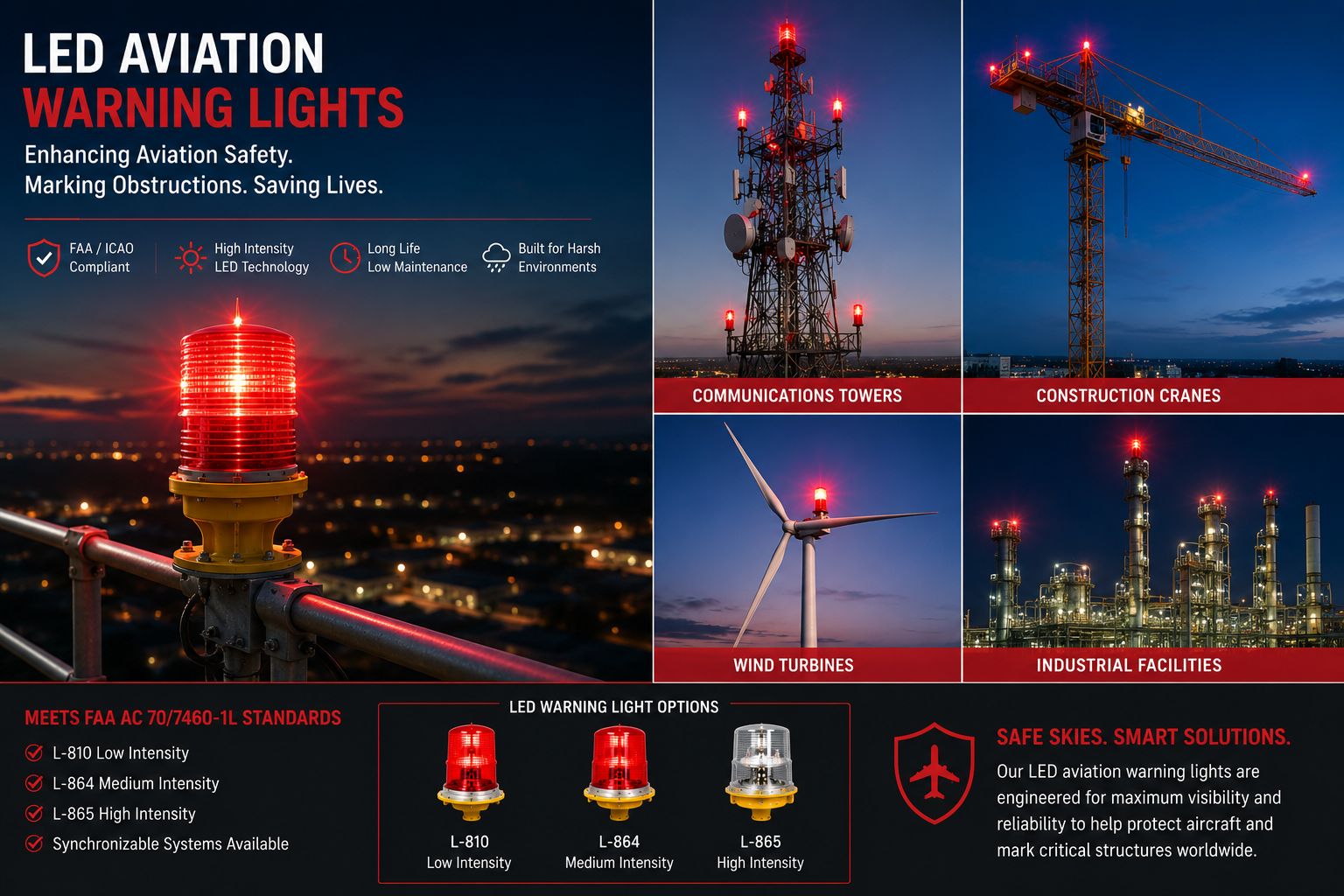 LED aviation warning lights installed on elevated structures including towers, cranes, wind turbines, and industrial facilities