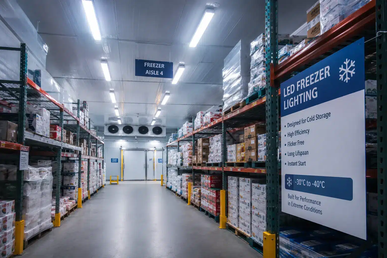 Learn why LED cold storage lighting improves energy efficiency, worker safety, visibility, maintenance, and operational performance in refrigerated warehouses, freezers, food processing facilities, and cold storage buildings.
