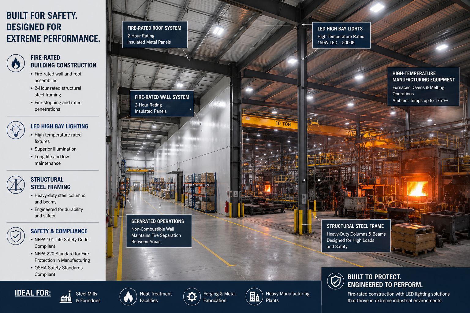 Read how to specify LED lighting for extreme temperature environments including steel mills, foundries, glass plants, power stations, paper mills, cement facilities, food processing plants, and other demanding industrial applications.