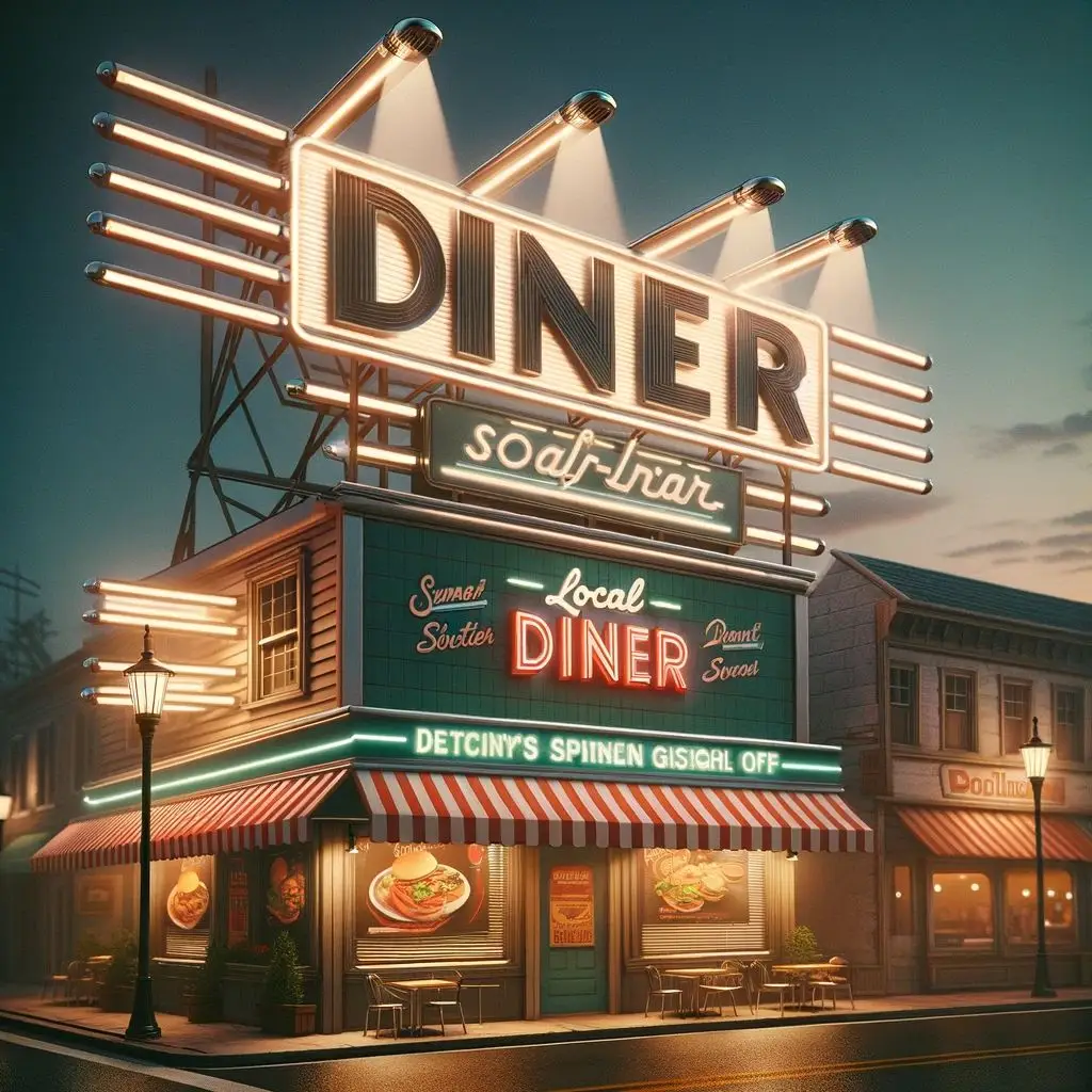 Vintage-style diner storefront at dusk featuring bright LED sign lighting that highlights large channel letters and storefront signage for enhanced nighttime visibility.