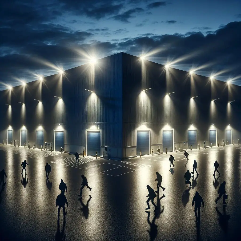 Large commercial warehouse illuminated by outdoor LED wall mount fixtures, providing bright, uniform perimeter lighting for building security and nighttime visibility.