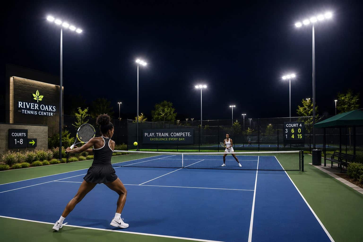 Professional outdoor tennis courts illuminated with commercial LED tennis court lighting providing uniform court illumination, reduced glare, excellent ball visibility, and comfortable nighttime play