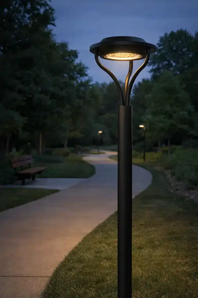Dark-sky compliant LED park pathway light with curved support arms illuminating a winding park trail at dusk