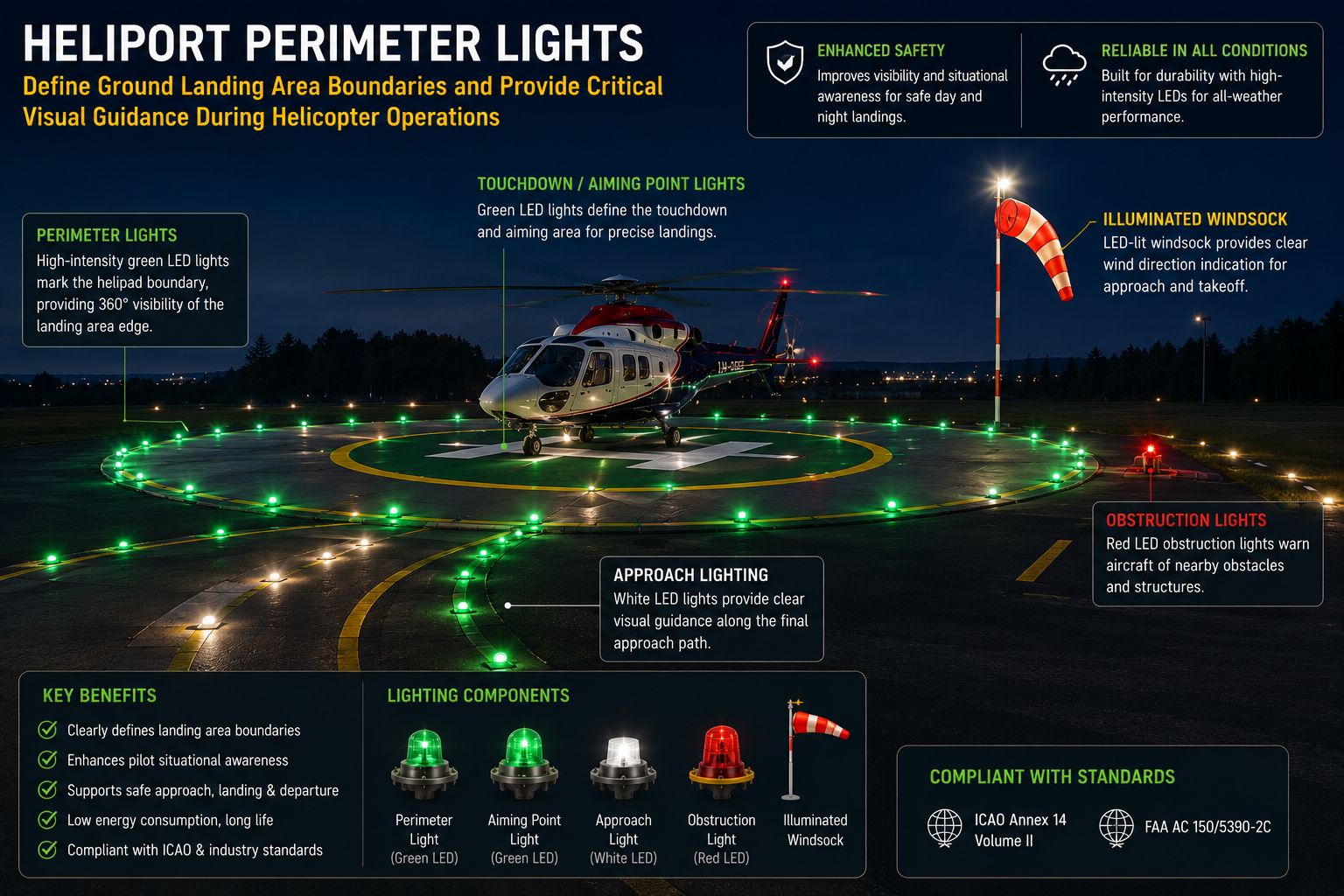 Learn about heliport lighting standards, perimeter lighting, touchdown area lighting, windsock illumination, rooftop hospital heliports, and LED lighting systems for safe helicopter operations.