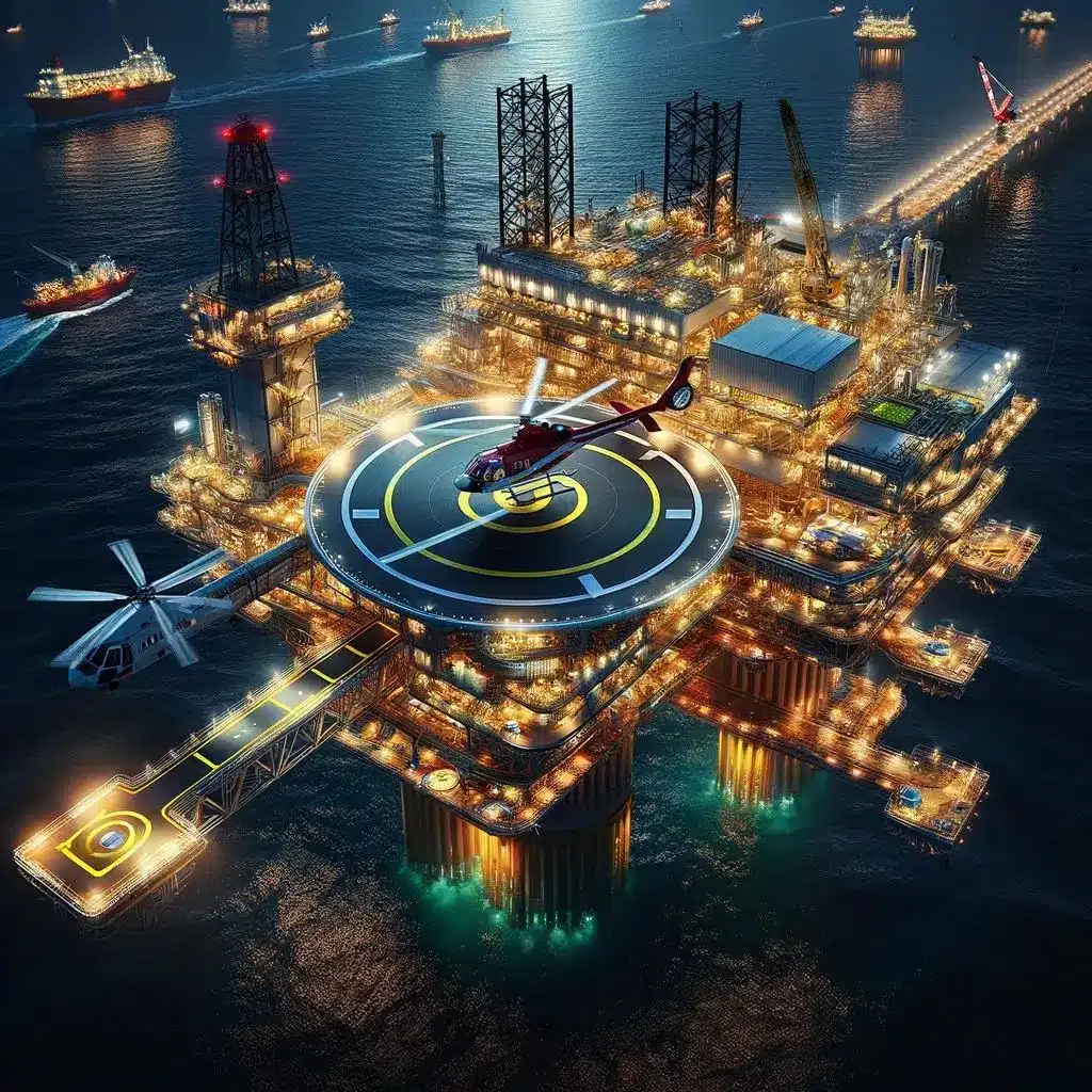 Offshore oil platform helideck illuminated by explosion-proof LED lighting, providing safe helicopter landing and hazardous-location-rated illumination at night.