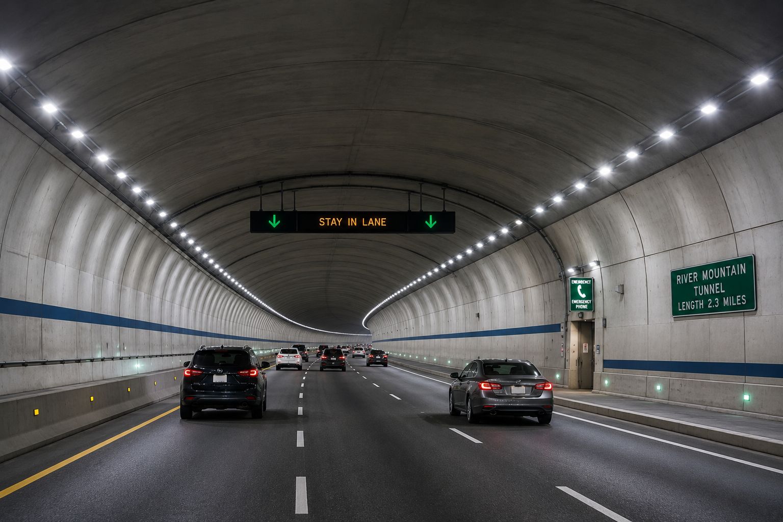 Modern highway tunnel illuminated with commercial LED tunnel lighting providing uniform illumination for vehicles entering, traveling through, and exiting the tunnel safely.