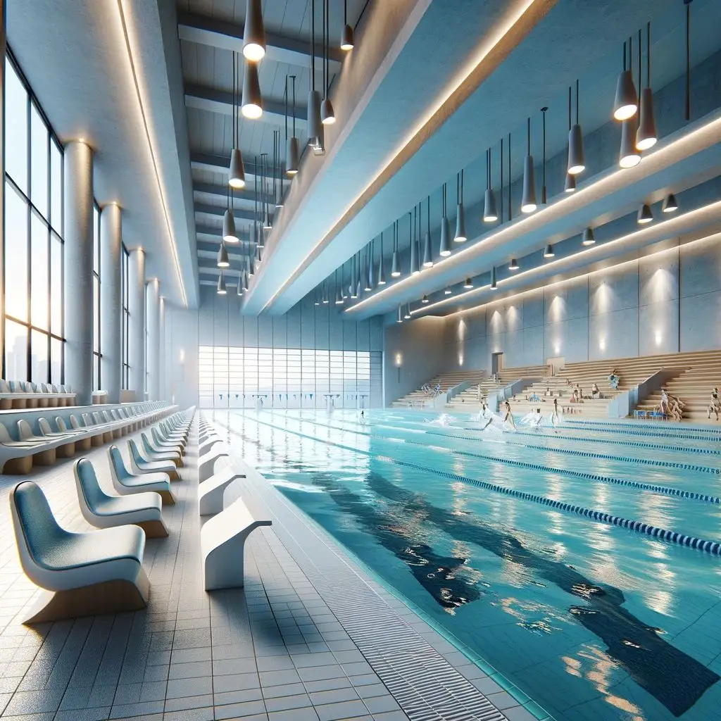 Indoor swimming pool with overhead LED lighting fixtures providing uniform illumination across natatorium lanes and spectator seating.