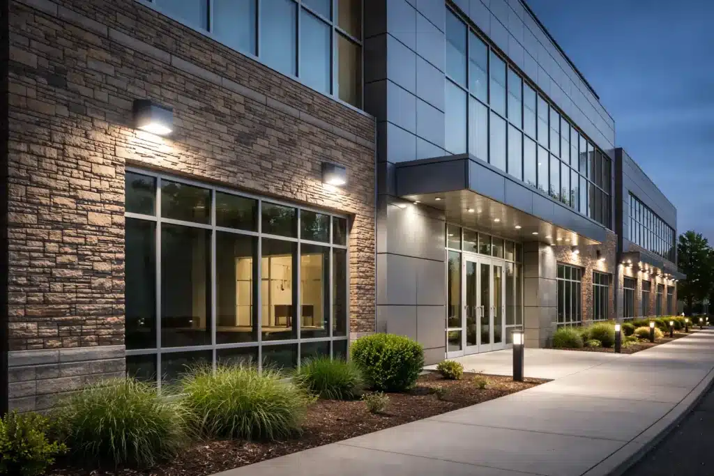 Commercial LED wall pack and exterior lighting fixtures mounted along a modern office building façade, illuminating the entrance, windows, and landscaped walkway at dusk.