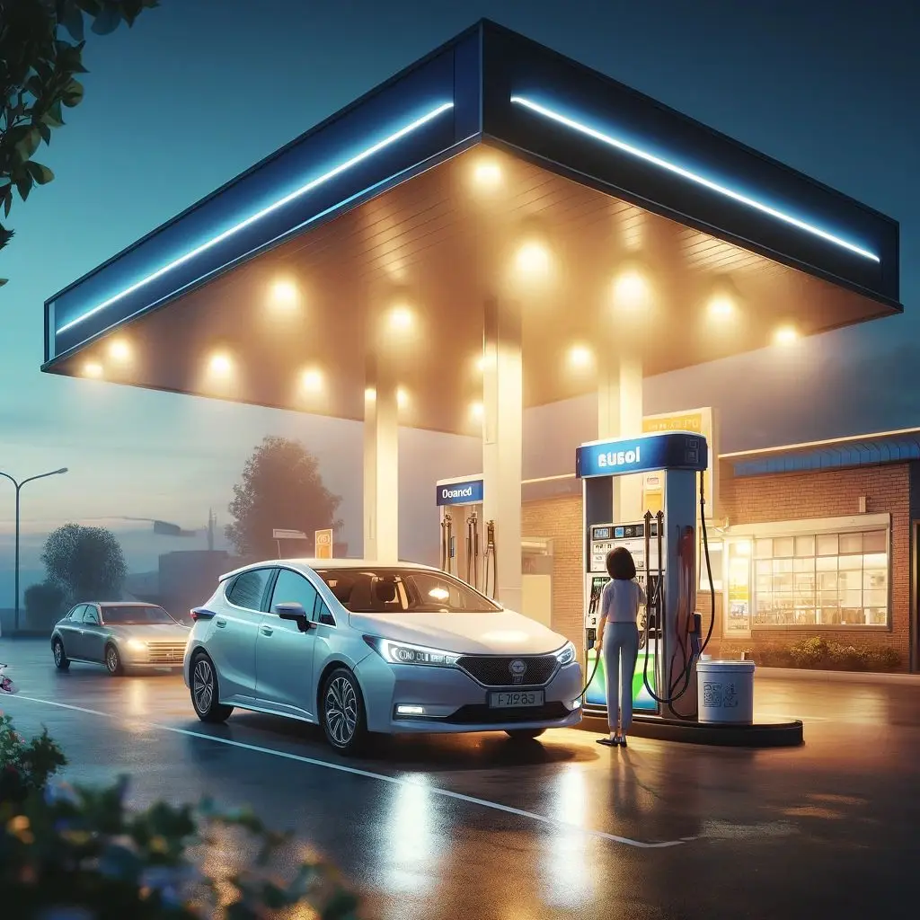 Gas station canopy illuminated by high-efficiency LED gas station lights, providing bright, uniform lighting over fuel pumps and vehicles during evening hours.