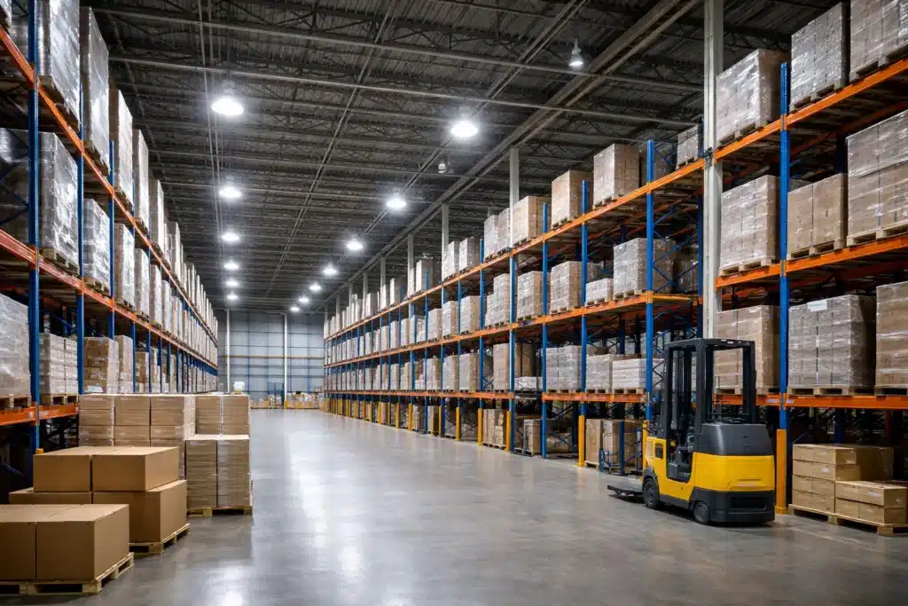Industrial LED high bay lighting illuminating warehouse storage aisles and pallet racking.