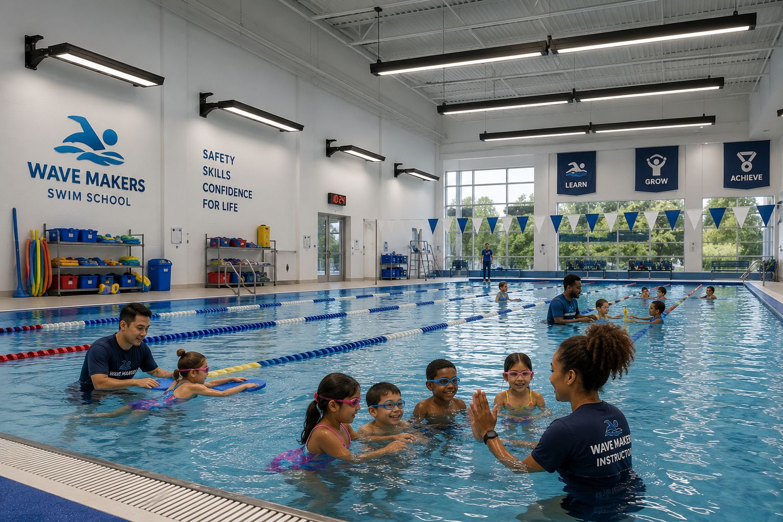 LED indoor swimming pool lighting illuminating a commercial swim school with instructors teaching children in a modern natatorium.