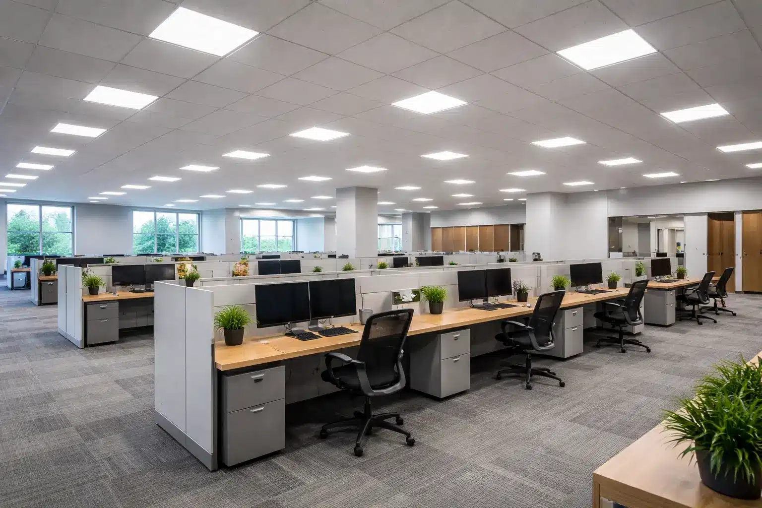 Commercial indoor LED lighting illuminating open office workspace with uniform ceiling distribution