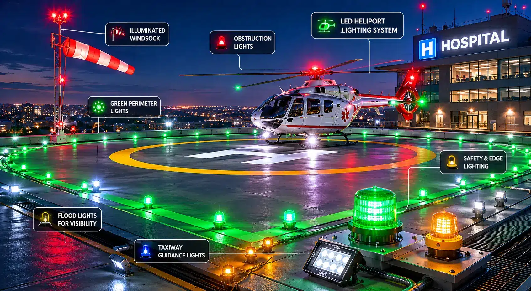 Learn how helipad perimeter lighting, approach lighting, windsocks, and FAA guidance work together to improve safety for hospitals, commercial heliports, offshore platforms, and emergency response operations.