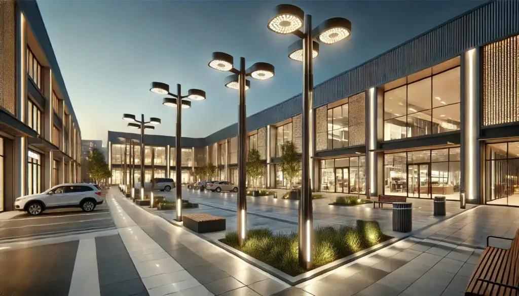 Modern commercial plaza illuminated by high-performance LED area lights mounted on decorative poles, providing uniform outdoor lighting for walkways, parking, and storefronts at dusk.