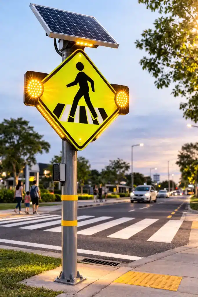 solar traffic sign with flashing LED warning lights at pedestrian crossing